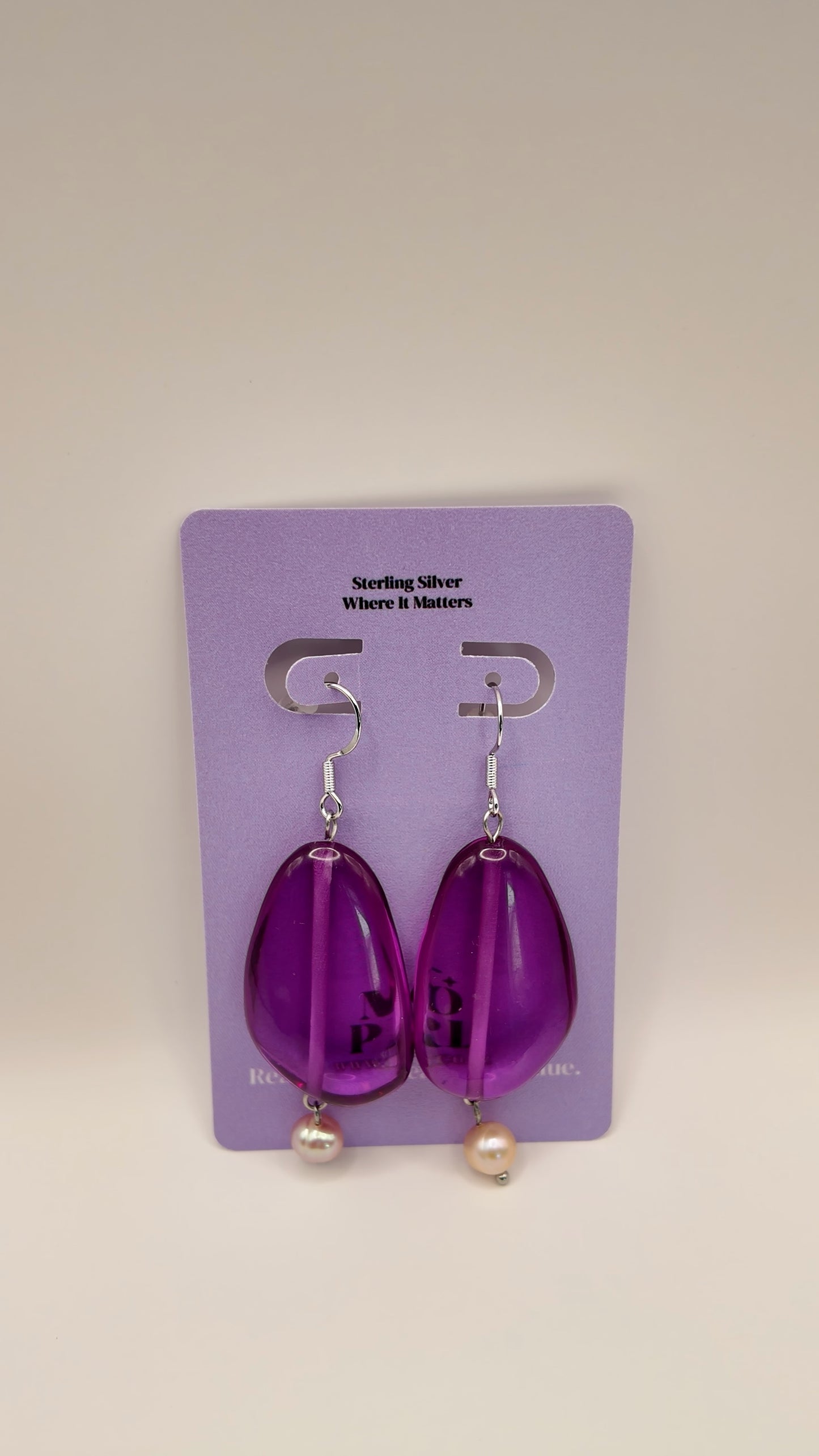 Amethyst-Tone Glass Drop Earrings with Pearl Accent