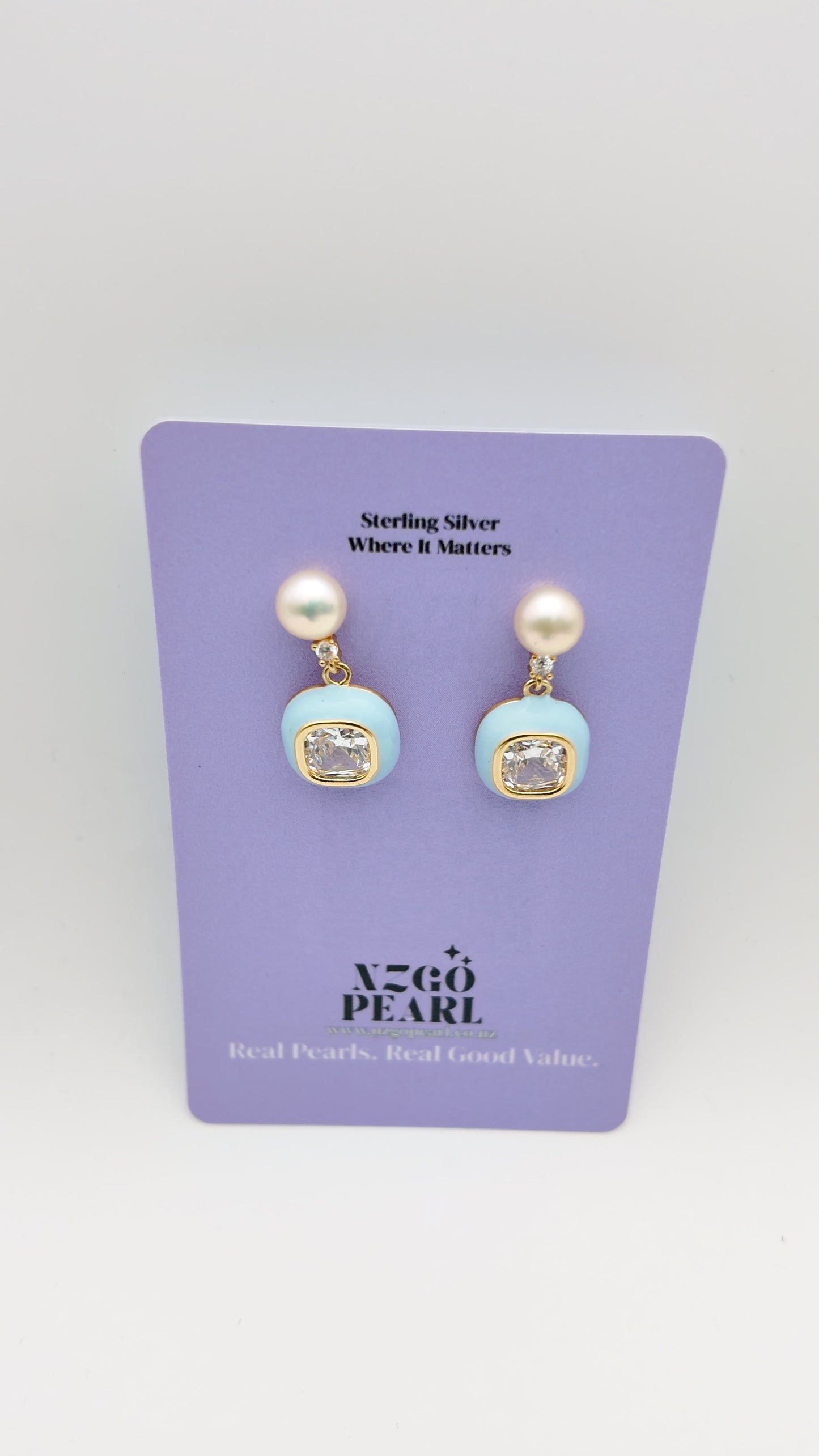 Sky Blue Enamel Pearl Drop Earrings