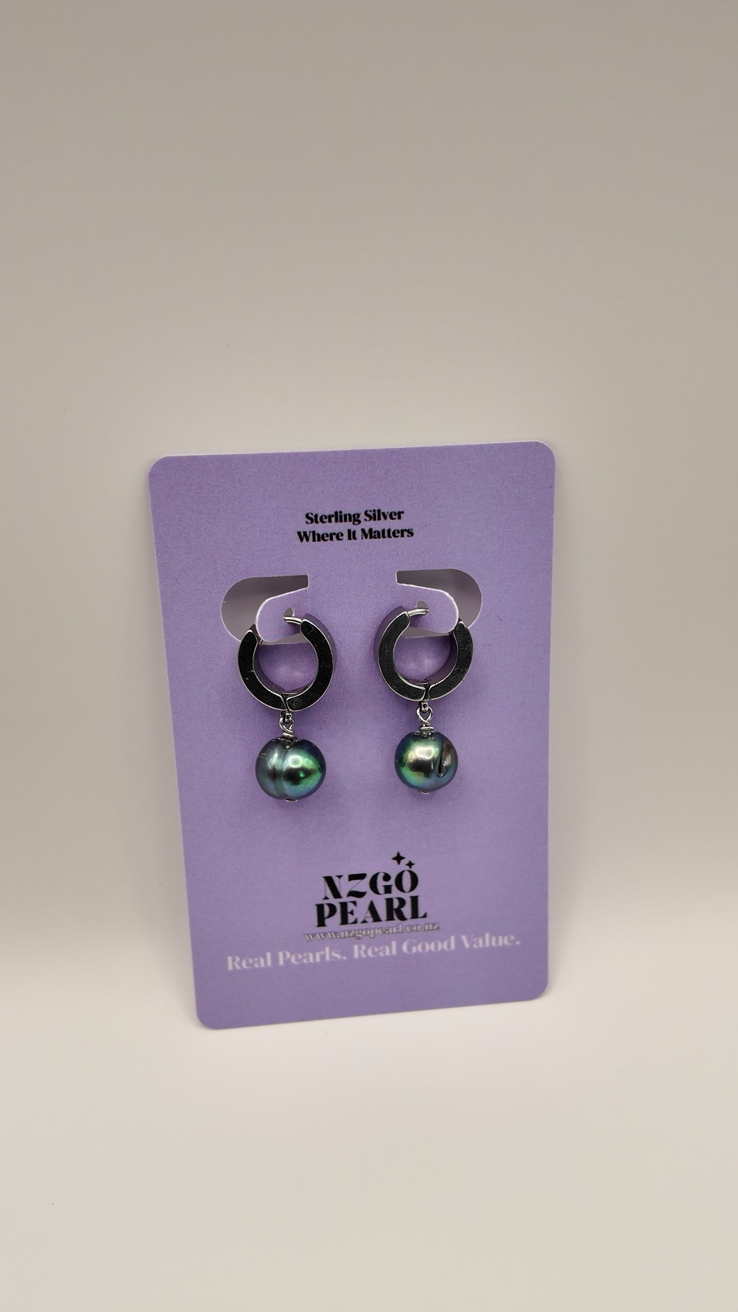 Black Hoop Earrings with Peacock-Tone Pearl Drop