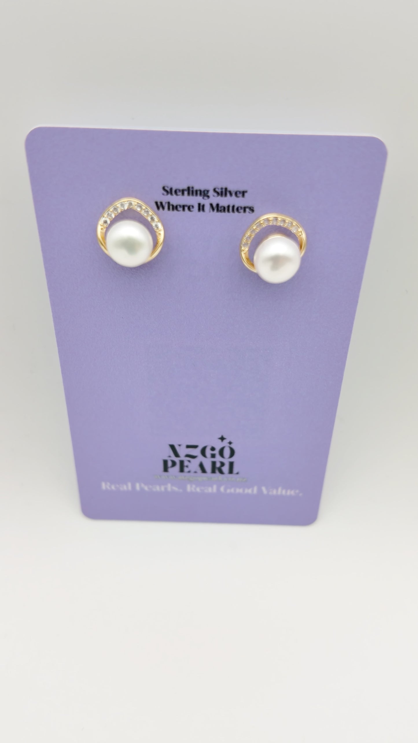 CZ Crescent Pearl Studs — Gold