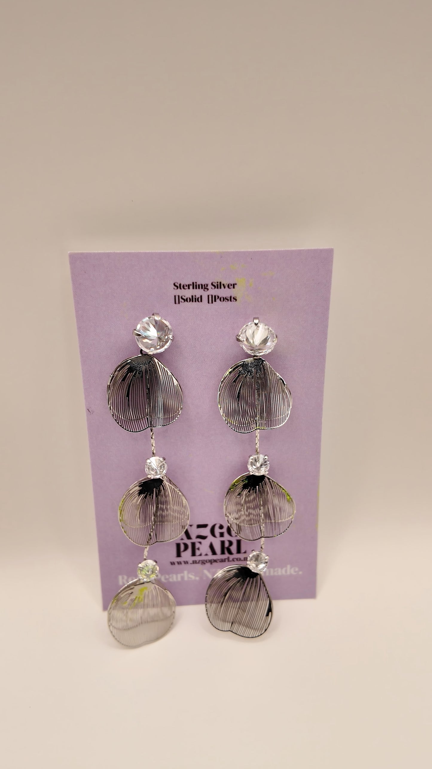 Sculpted Silver Drop Earrings with Clear Crystal Accents