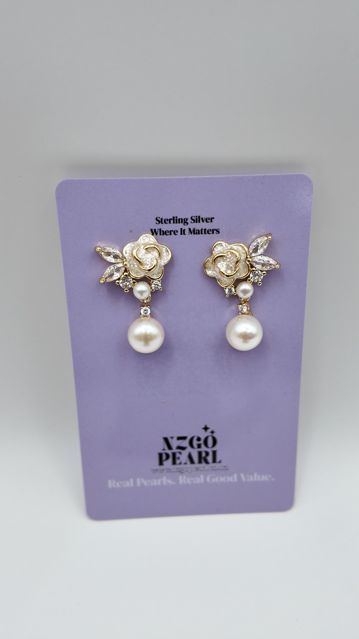 Rose Blossom Pearl Drop Stud Earrings