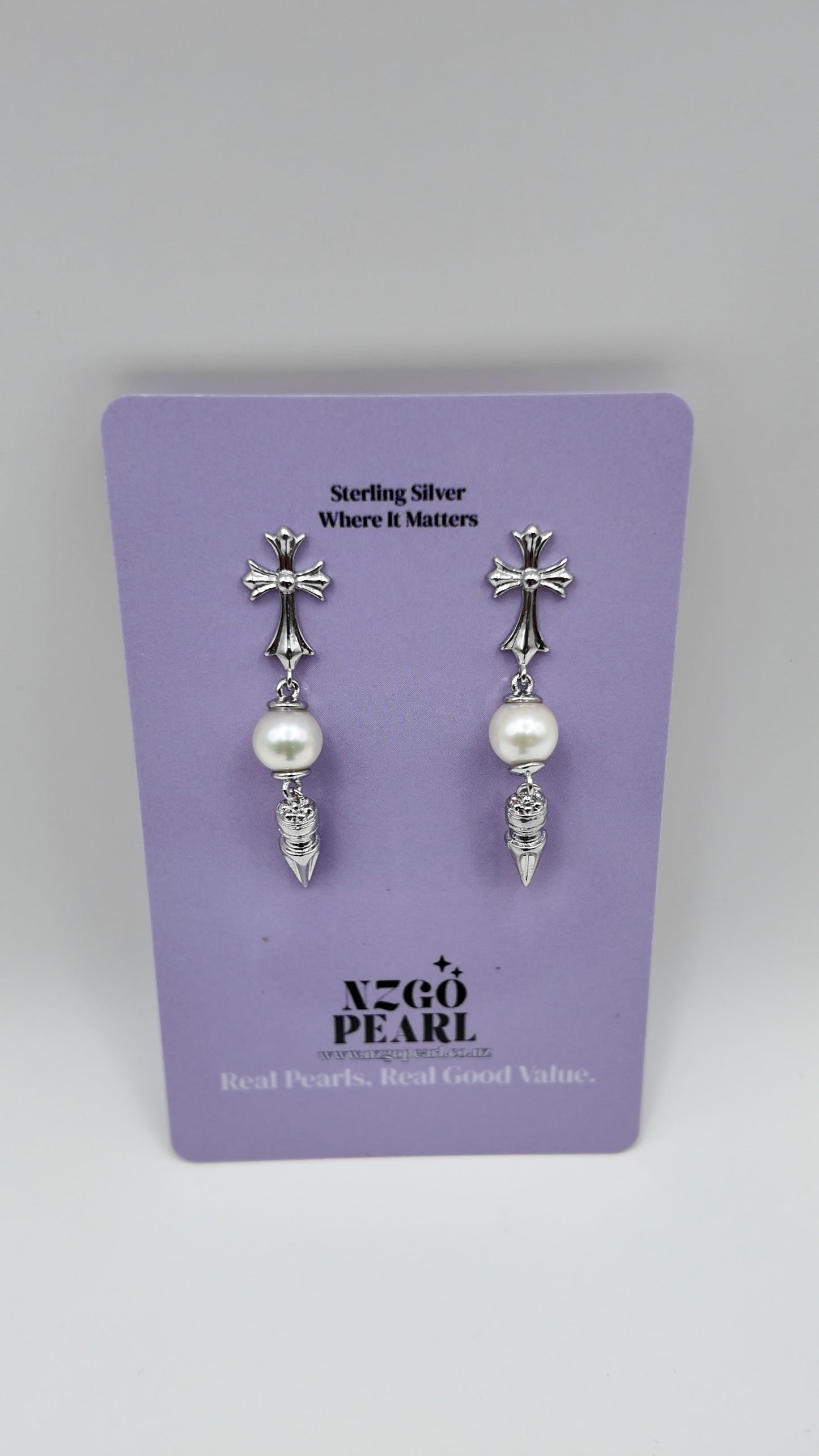 Cross Pearl Drop Earrings (Silver Tone)