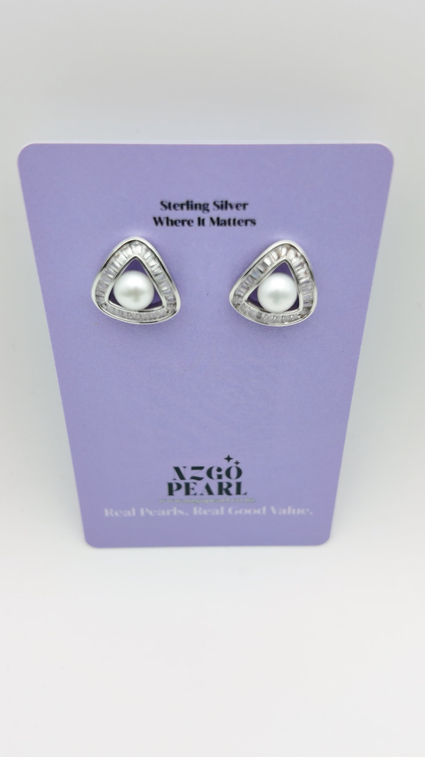 Triangle Baguette Pearl Studs — Silver