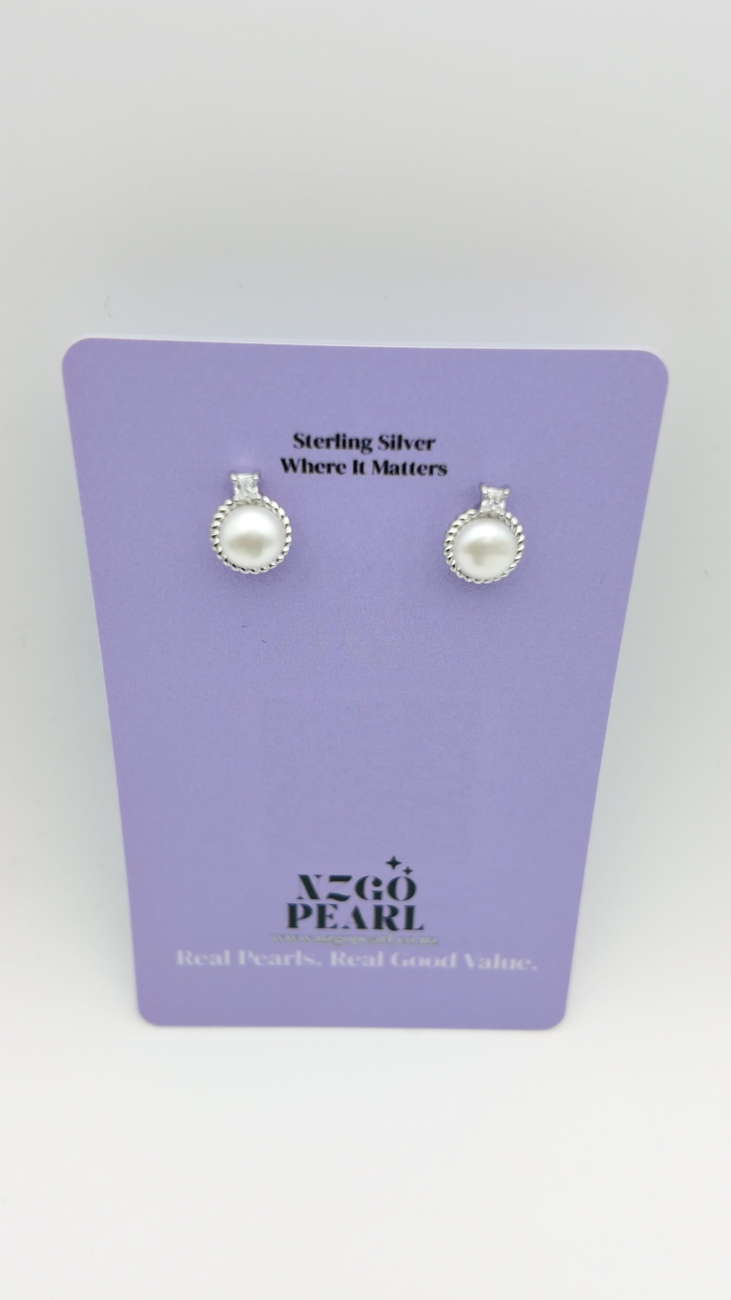 Rope-Edge Pearl Stud Earrings – Silver