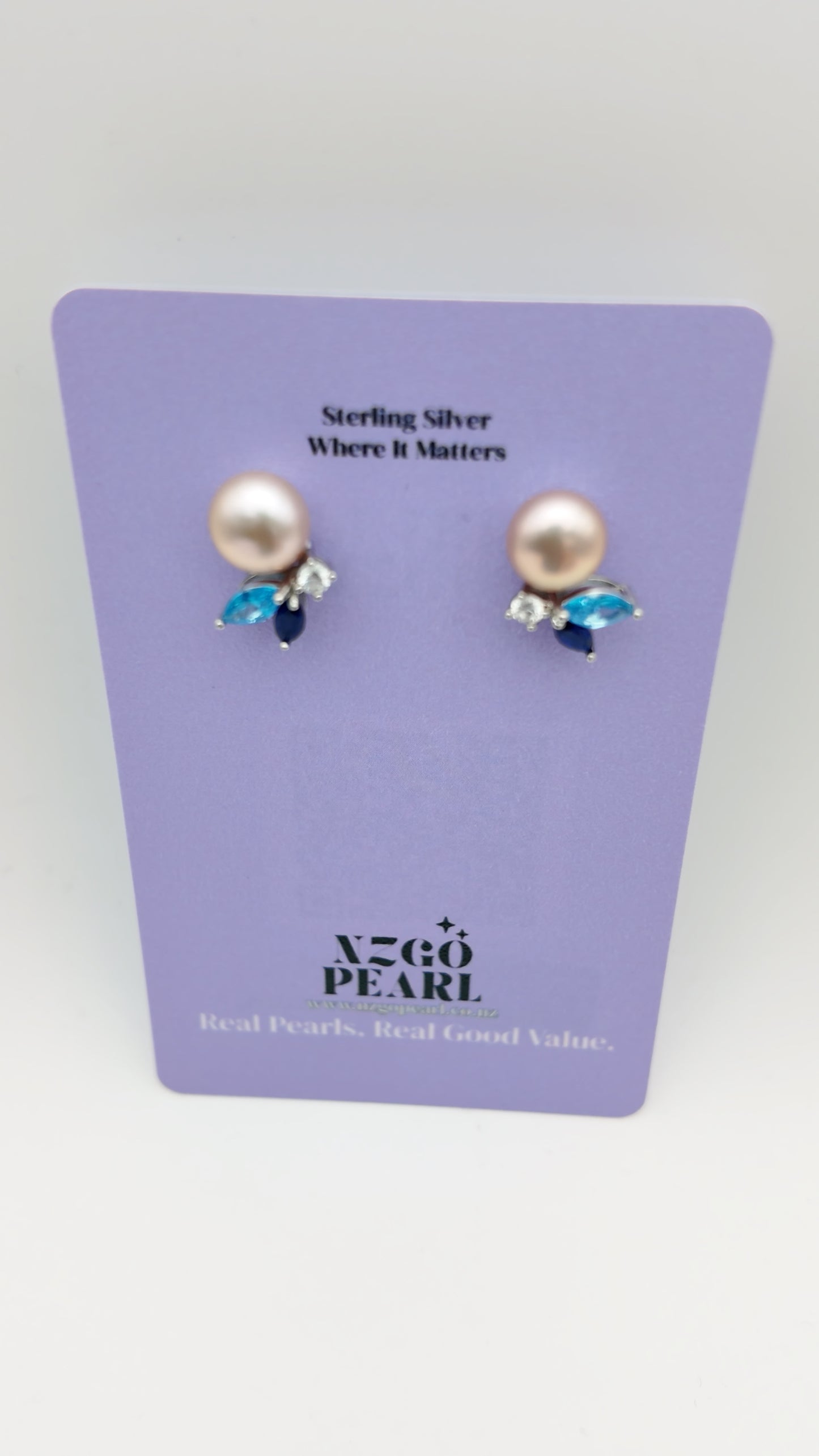 Ocean Petal Pearl Stud Earrings – Blue & Clear CZ