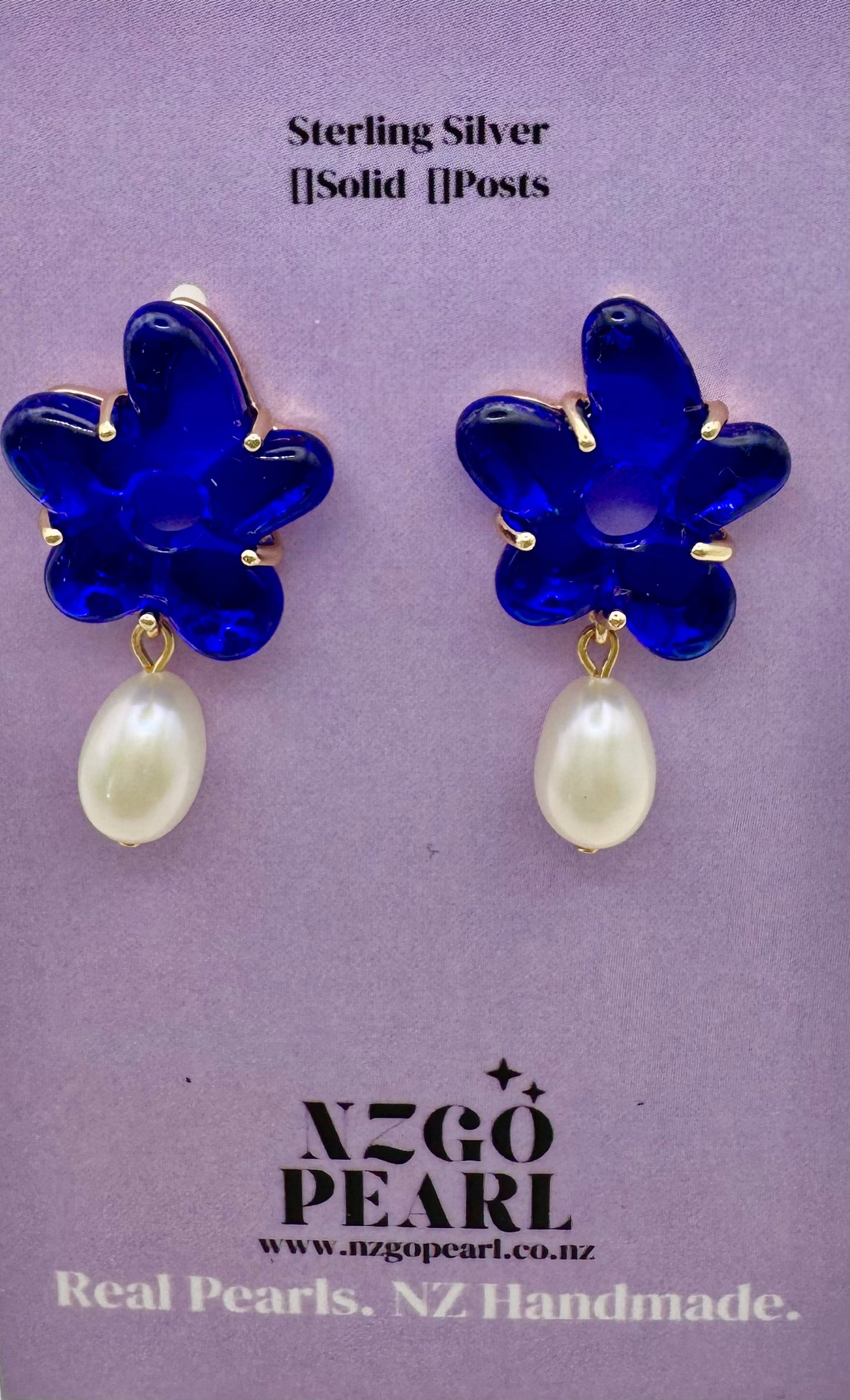 Blue Flower & Pearl Drop Earrings