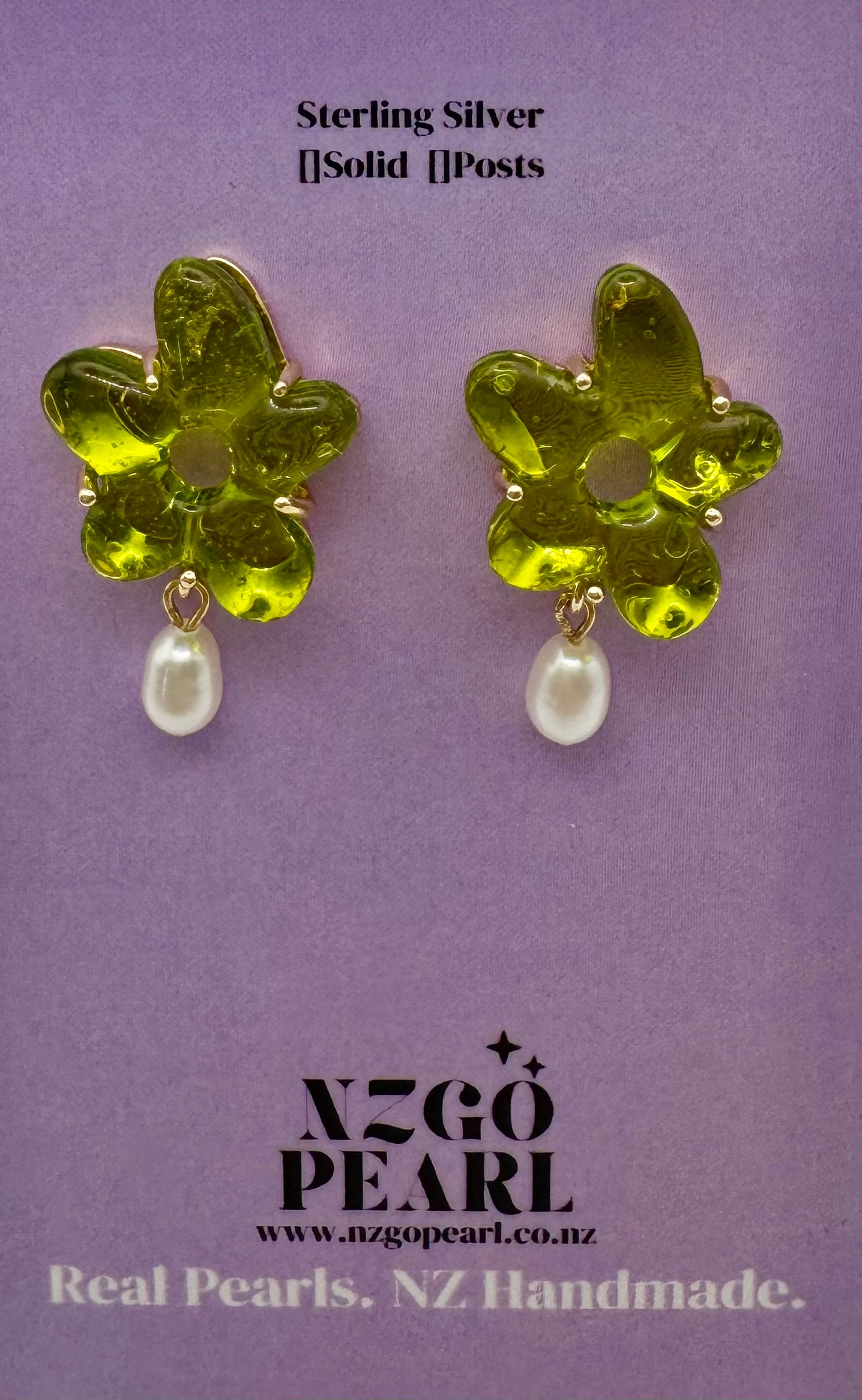 Green Flower & Baby Pearl Drop Earrings