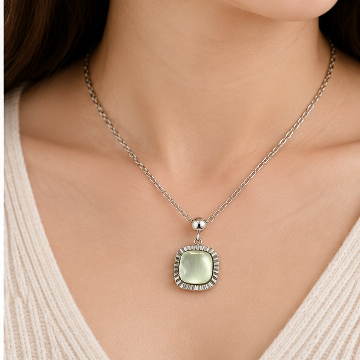 NZGO Pearl pale green cushion pendant necklace worn at realistic scale