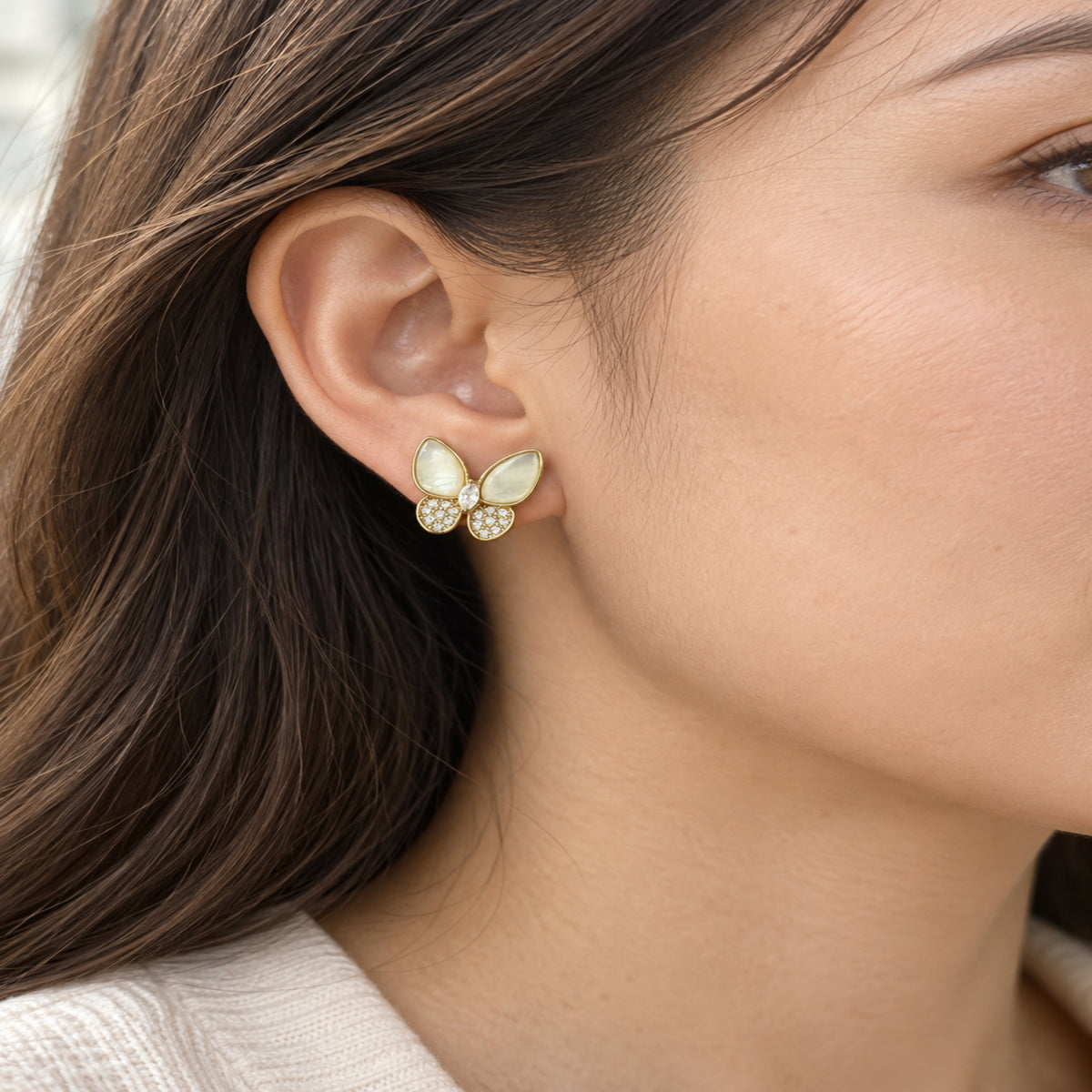 Gold-Tone Pearlescent Butterfly Crystal Stud Earrings