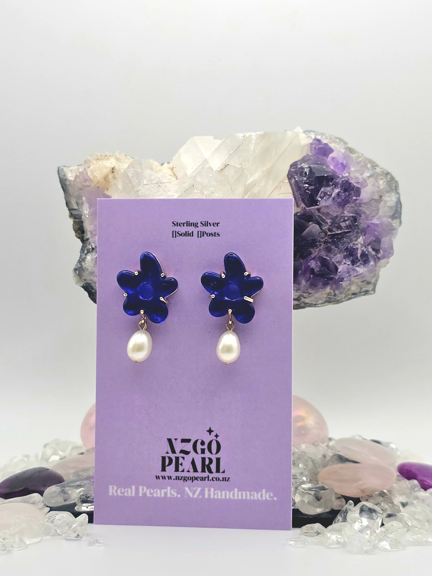 Blue Flower & Pearl Drop Earrings