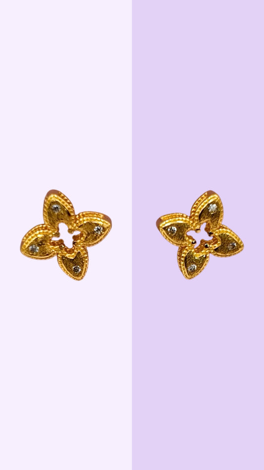 Gold Flower Stud Earrings with CZ Accents