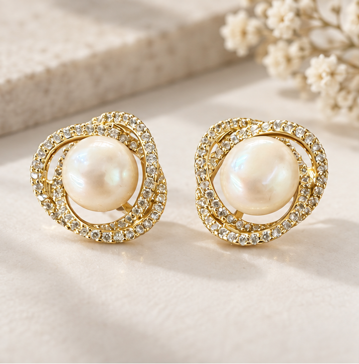 Real Pearl Orbit Halo Stud Earrings