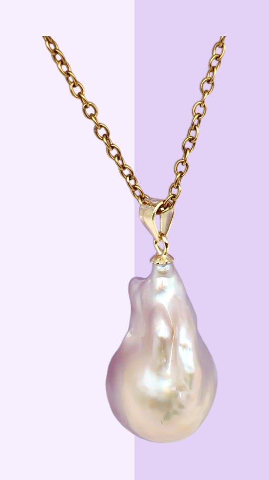 Gold Baroque Pearl Pendant Necklace (Solid Sterling Silver Clasp)