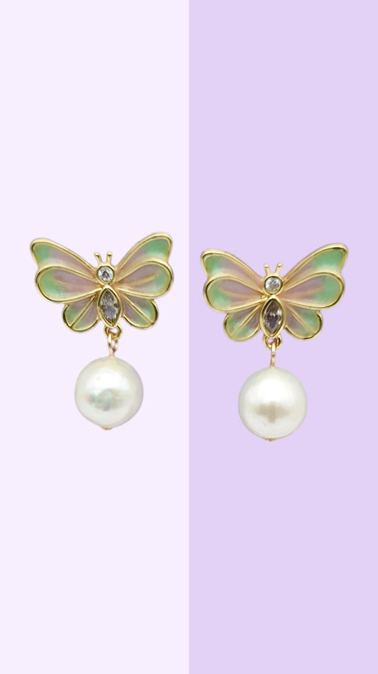 Enamel Butterfly Pearl Drop Earrings