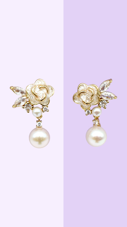 Rose Blossom Pearl Drop Stud Earrings