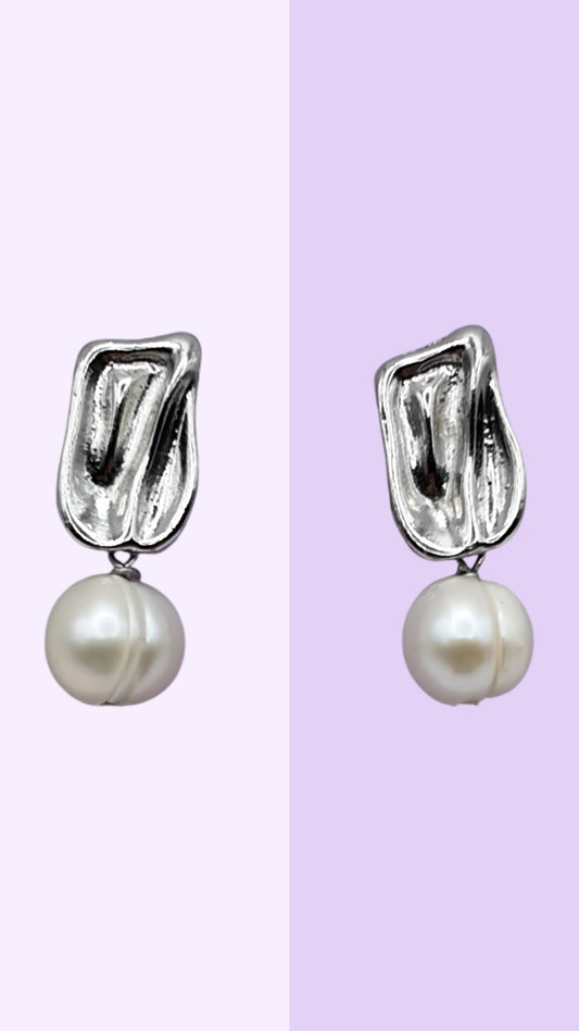 Sculpted Silver Pearl Drop Stud Earrings