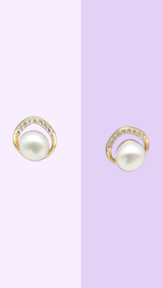 CZ Crescent Pearl Studs — Gold