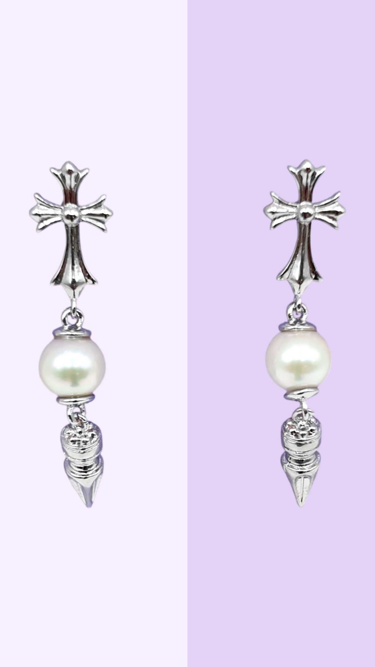 Cross Pearl Drop Earrings (Silver Tone)
