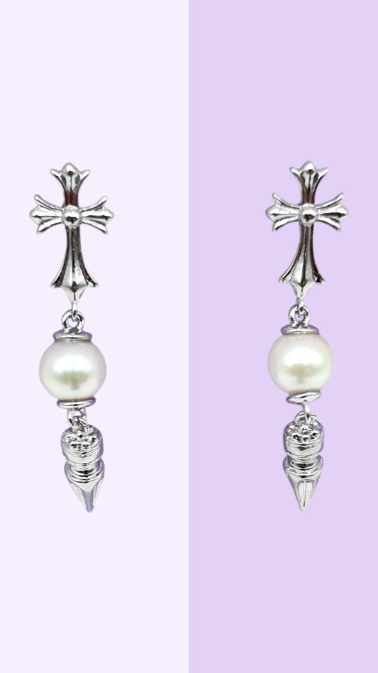 Cross Pearl Drop Earrings (Silver Tone)
