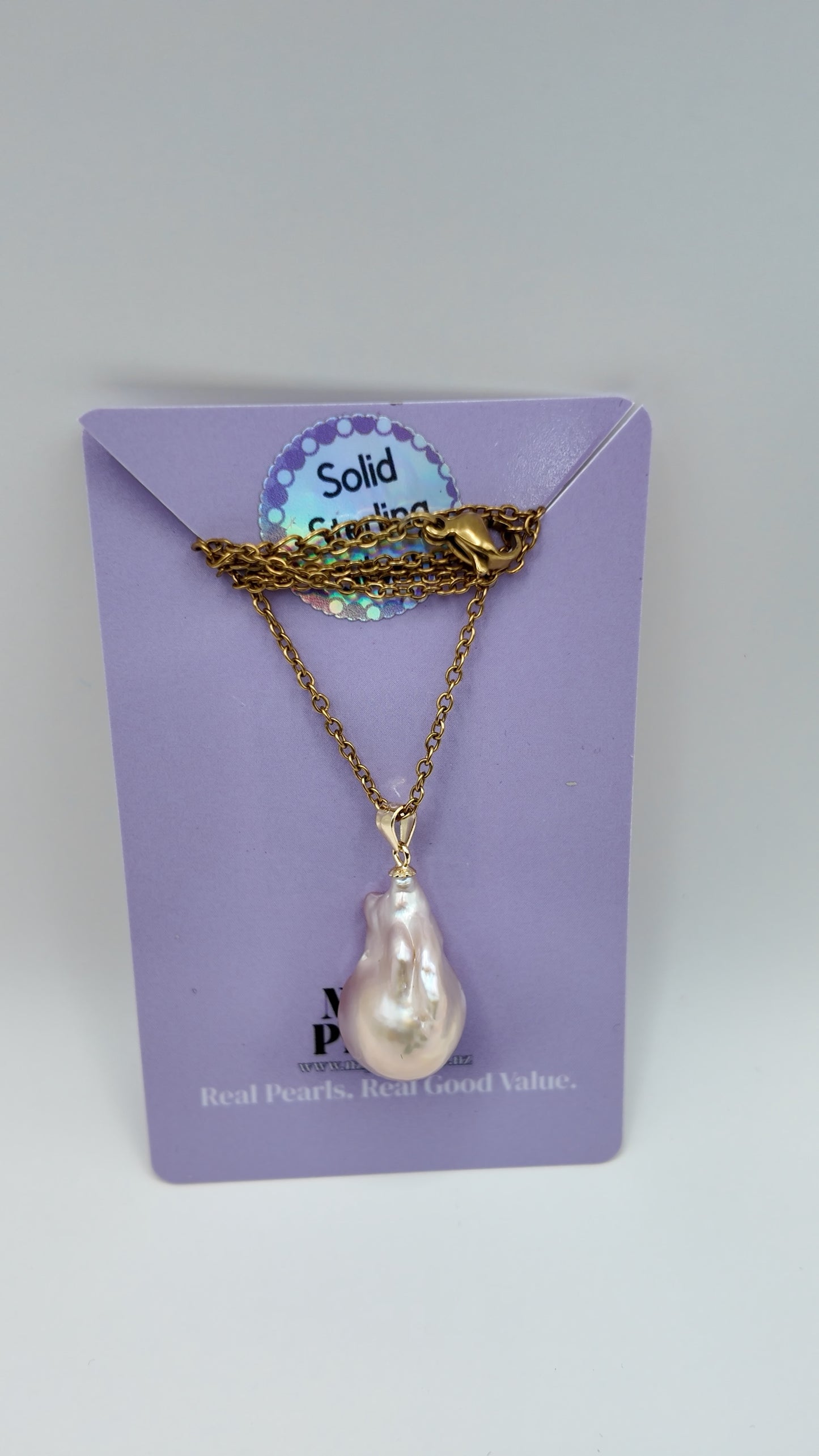 Gold Baroque Pearl Pendant Necklace (Solid Sterling Silver Clasp)