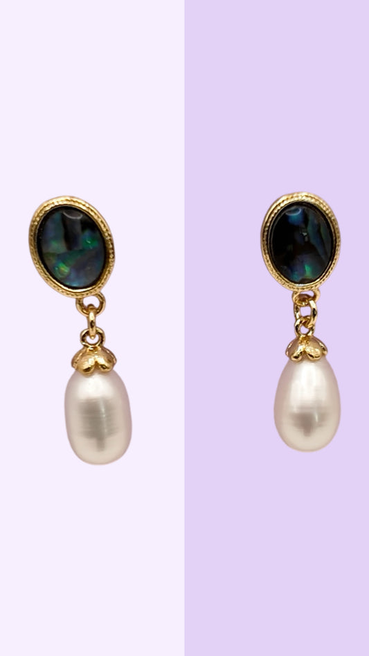 Pāua Shell Oval Studs with Drop Pearl