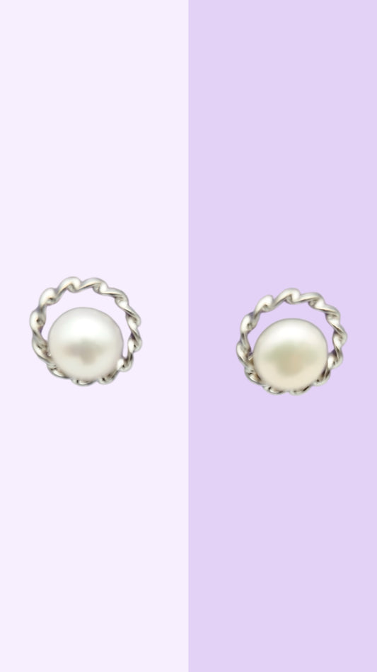 Twisted Halo Pearl Studs — Silver