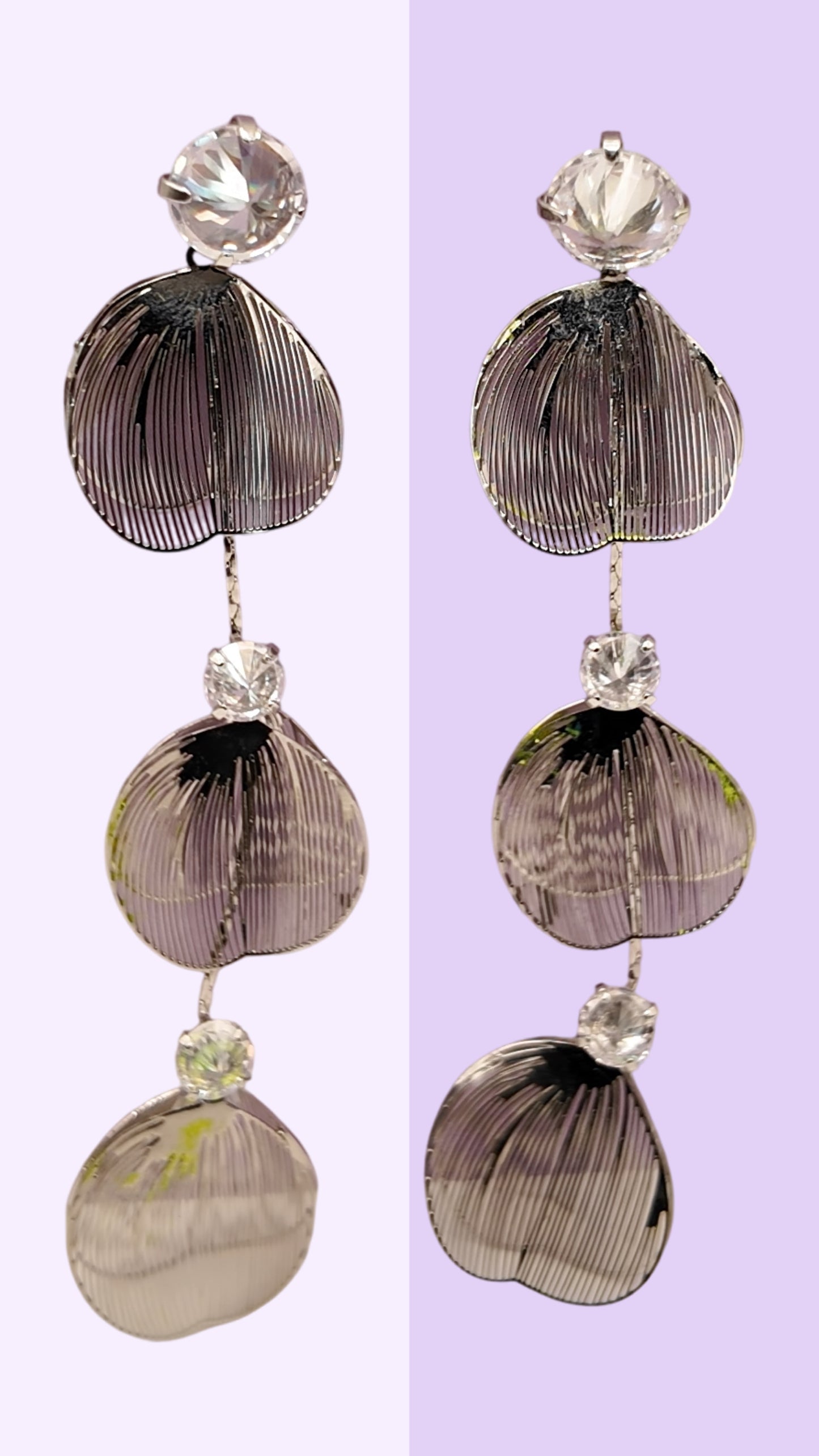 Sculpted Silver Drop Earrings with Clear Crystal Accents