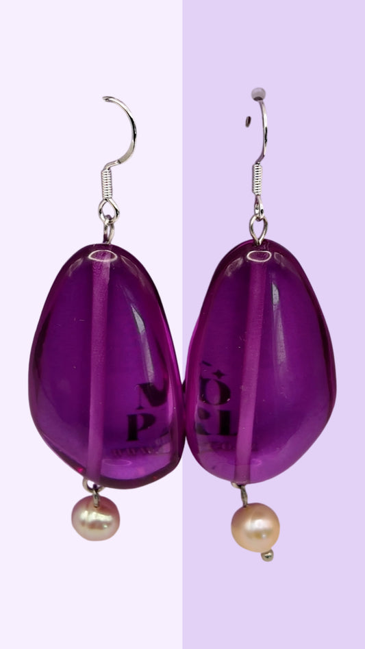 Amethyst-Tone Glass Drop Earrings with Pearl Accent