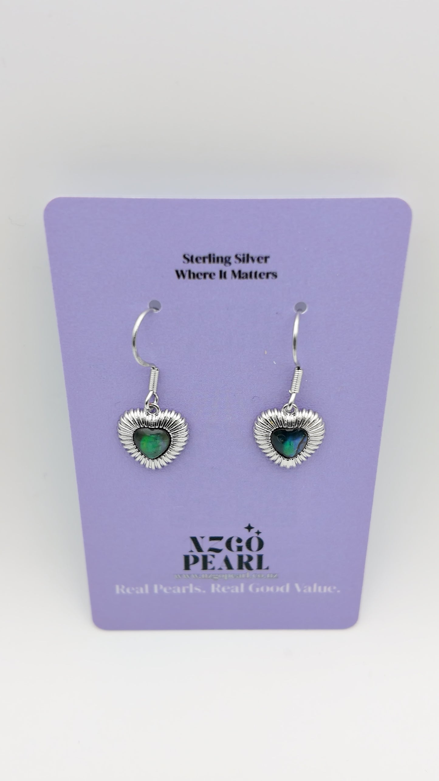 Paua Shell Heart Drop Earrings - Silver