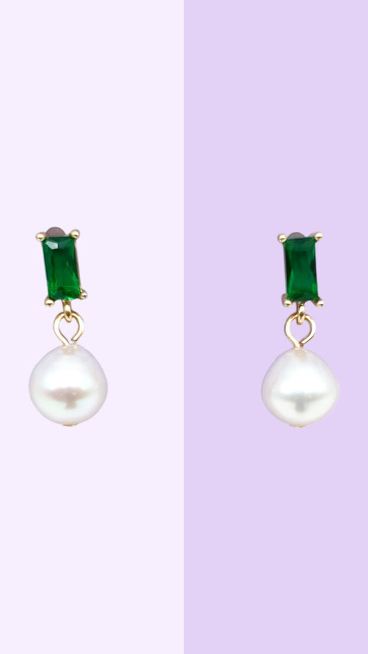 Emerald-Green Baguette & Pearl Drop Stud Earrings