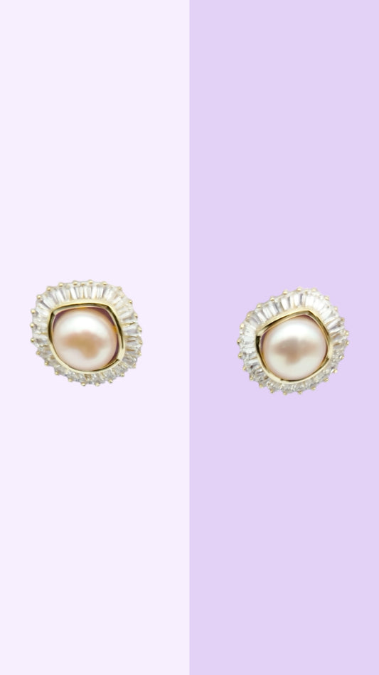Radiant Crescent Pearl Halo Studs — Gold
