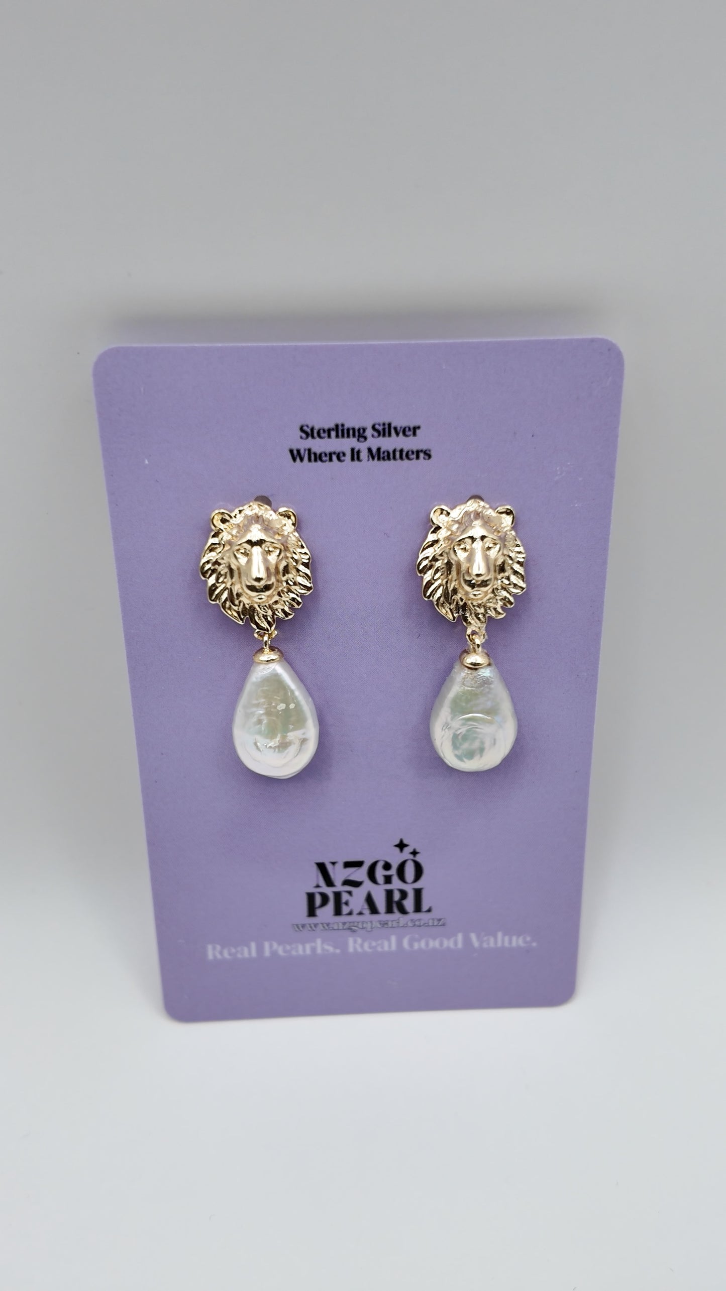 Lion Head Pearl Drop Earrings