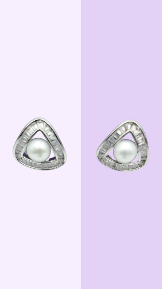 Triangle Baguette Pearl Studs — Silver