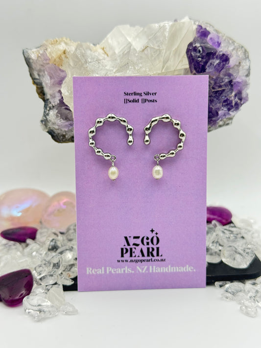 Ripple Halo Pearl Earrings – Sculpted Sterling with Freshwater Drops