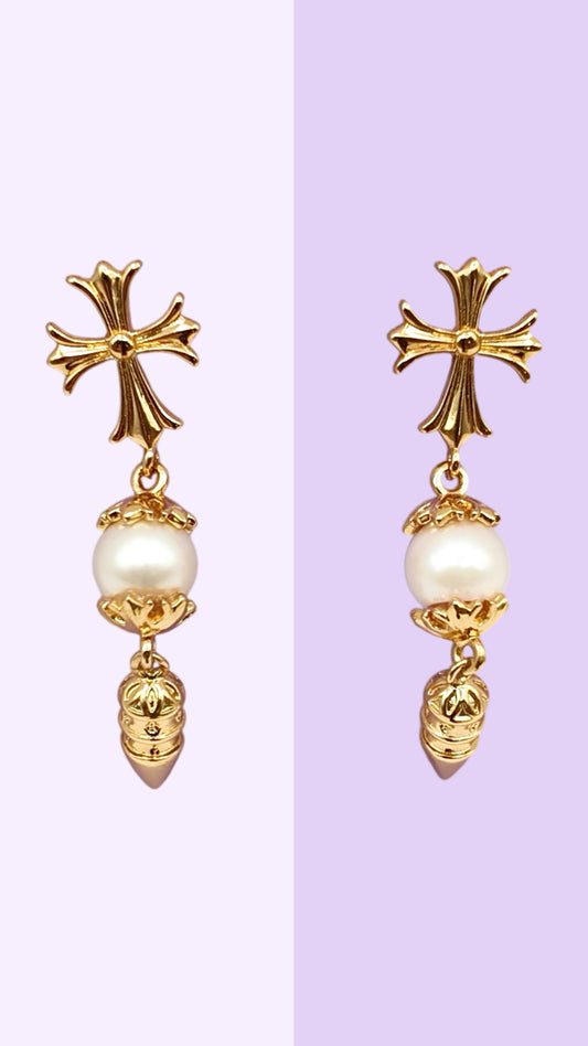 Cross Pearl Drop Earrings (Gold Tone)