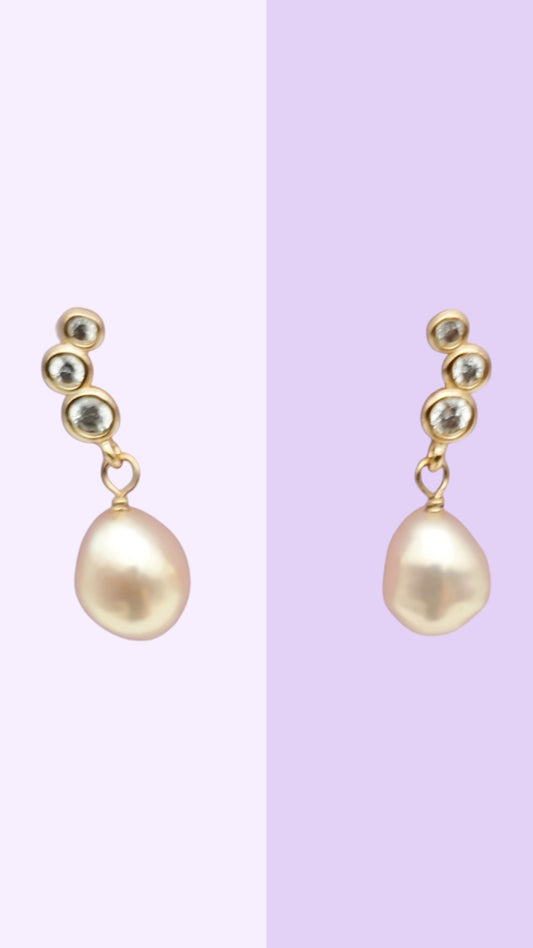 Elegant Trio-Stone Drop Pearl Earrings