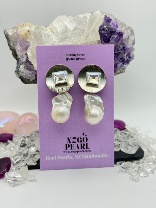 Starlight Geometry – Crystal Studs with Baroque Pearl Drops