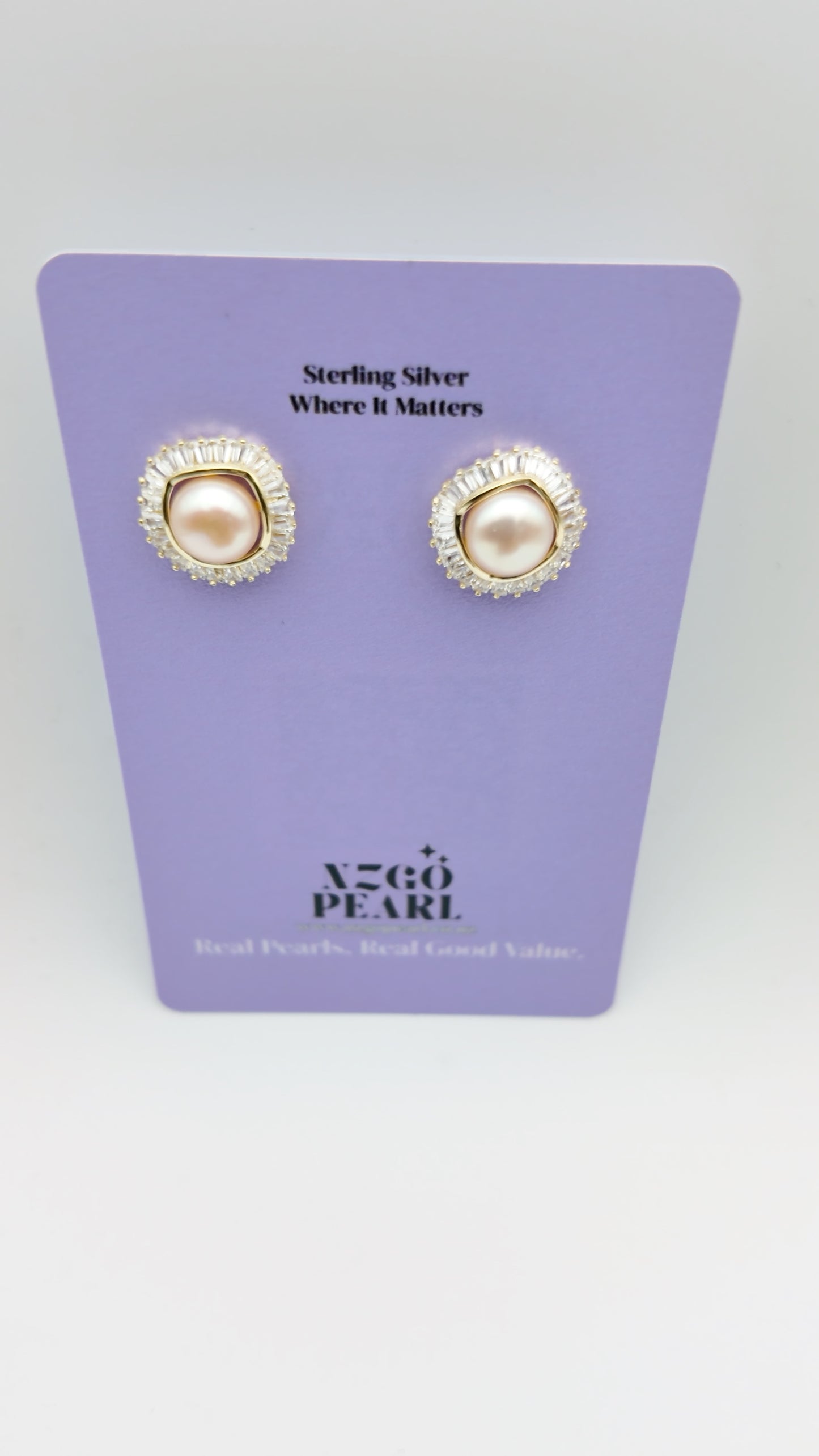 Radiant Crescent Pearl Halo Studs — Gold
