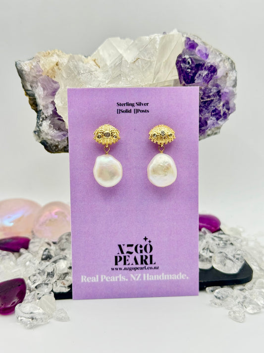 Sea Shell Drops – Gold Textured Studs with Baroque Pearls