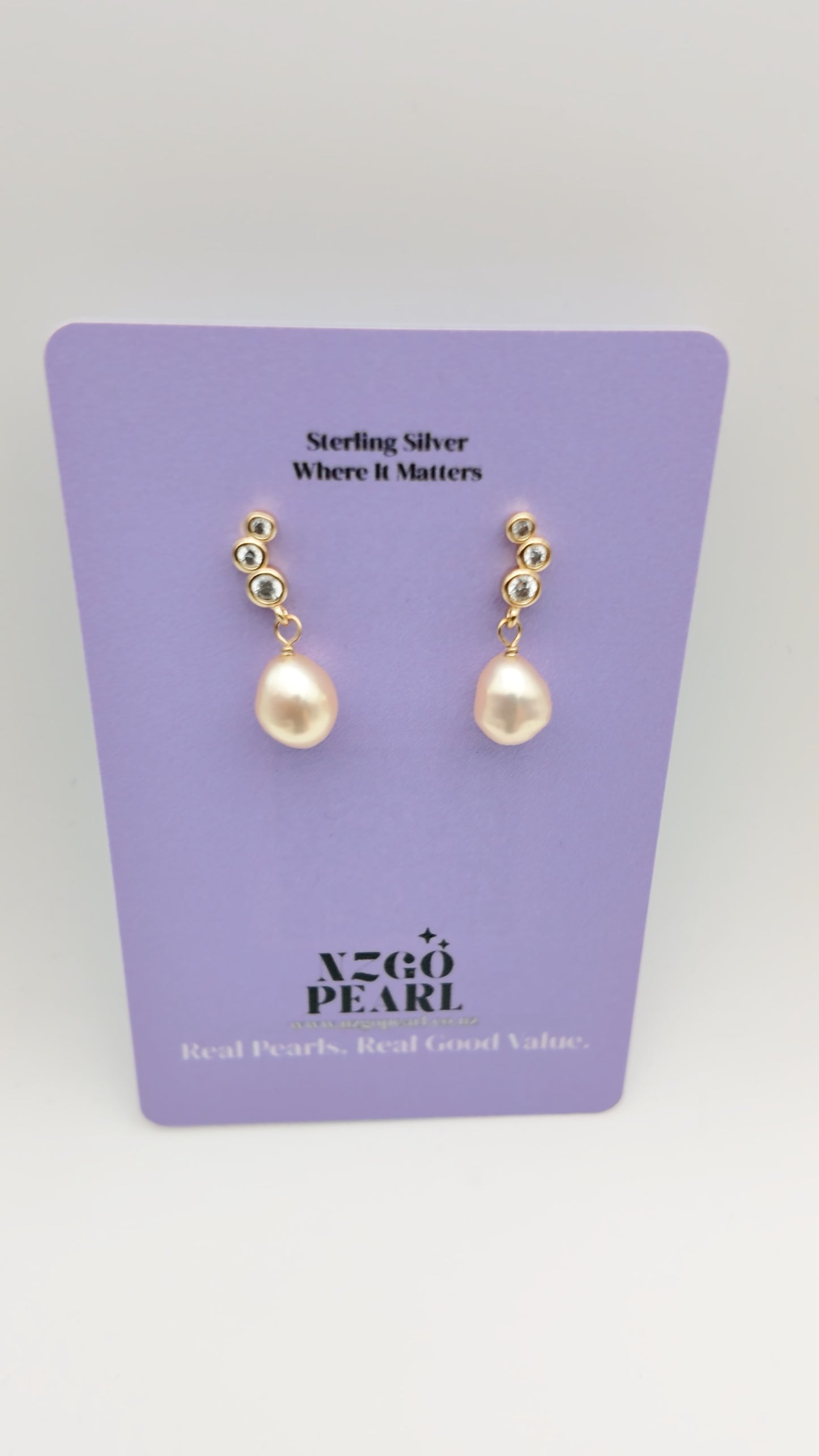 Elegant Trio-Stone Drop Pearl Earrings