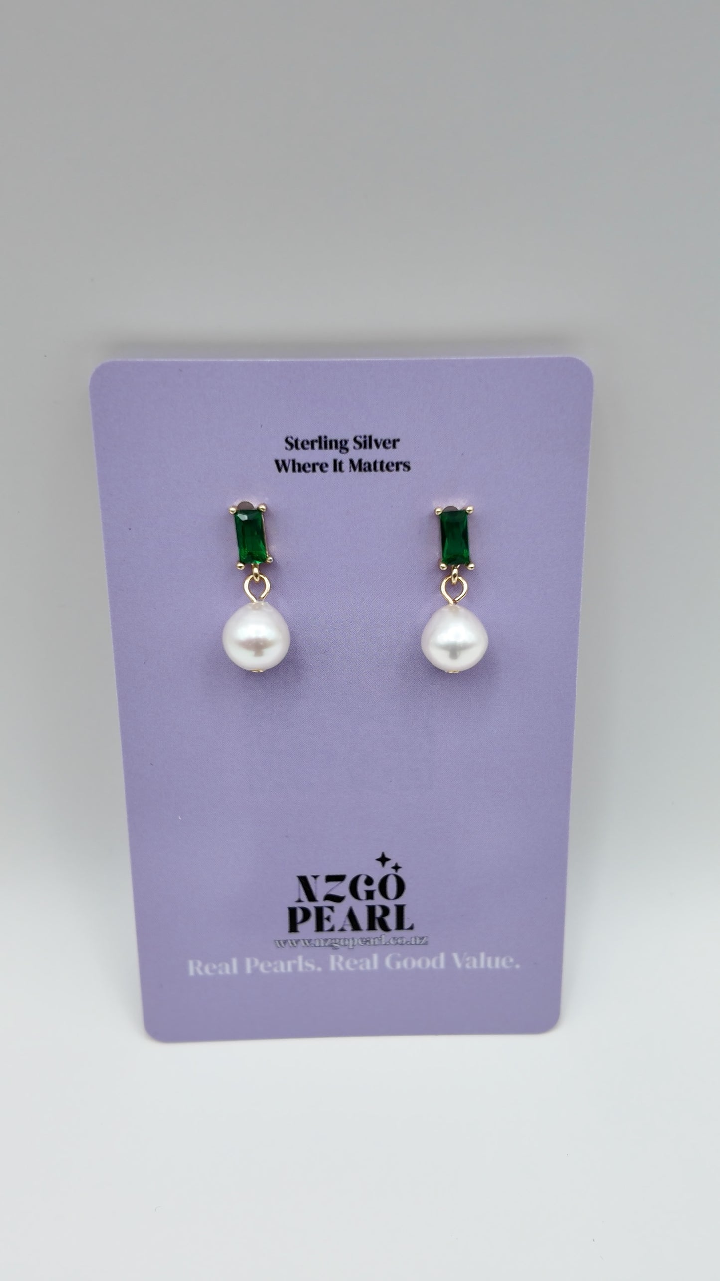 Emerald-Green Baguette & Pearl Drop Stud Earrings