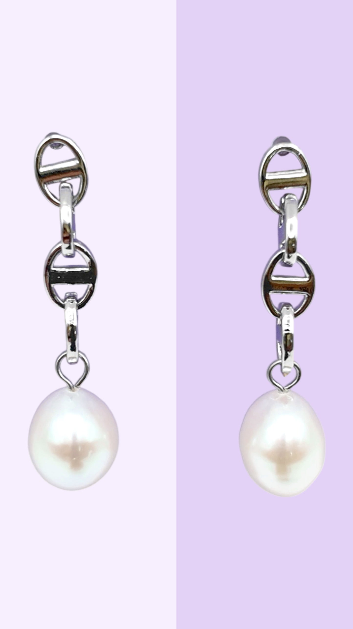 Modern Link Pearl Drop Stud Earrings