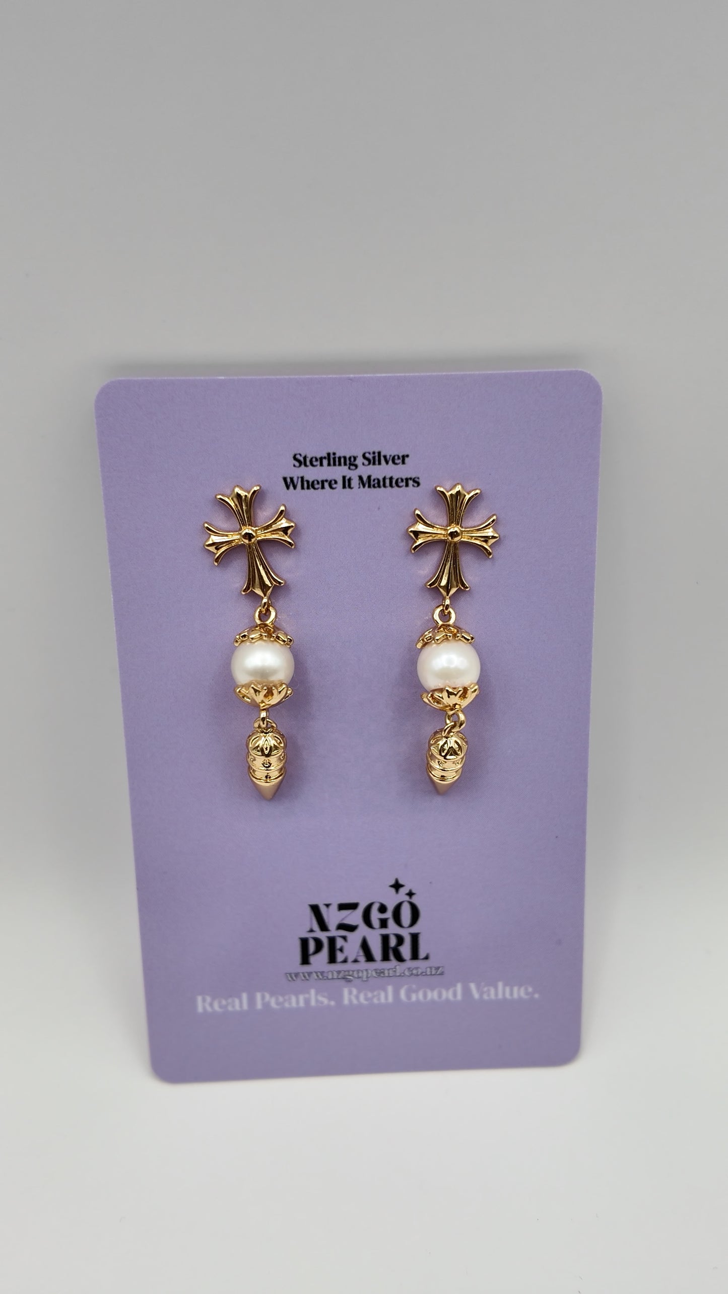 Cross Pearl Drop Earrings (Gold Tone)