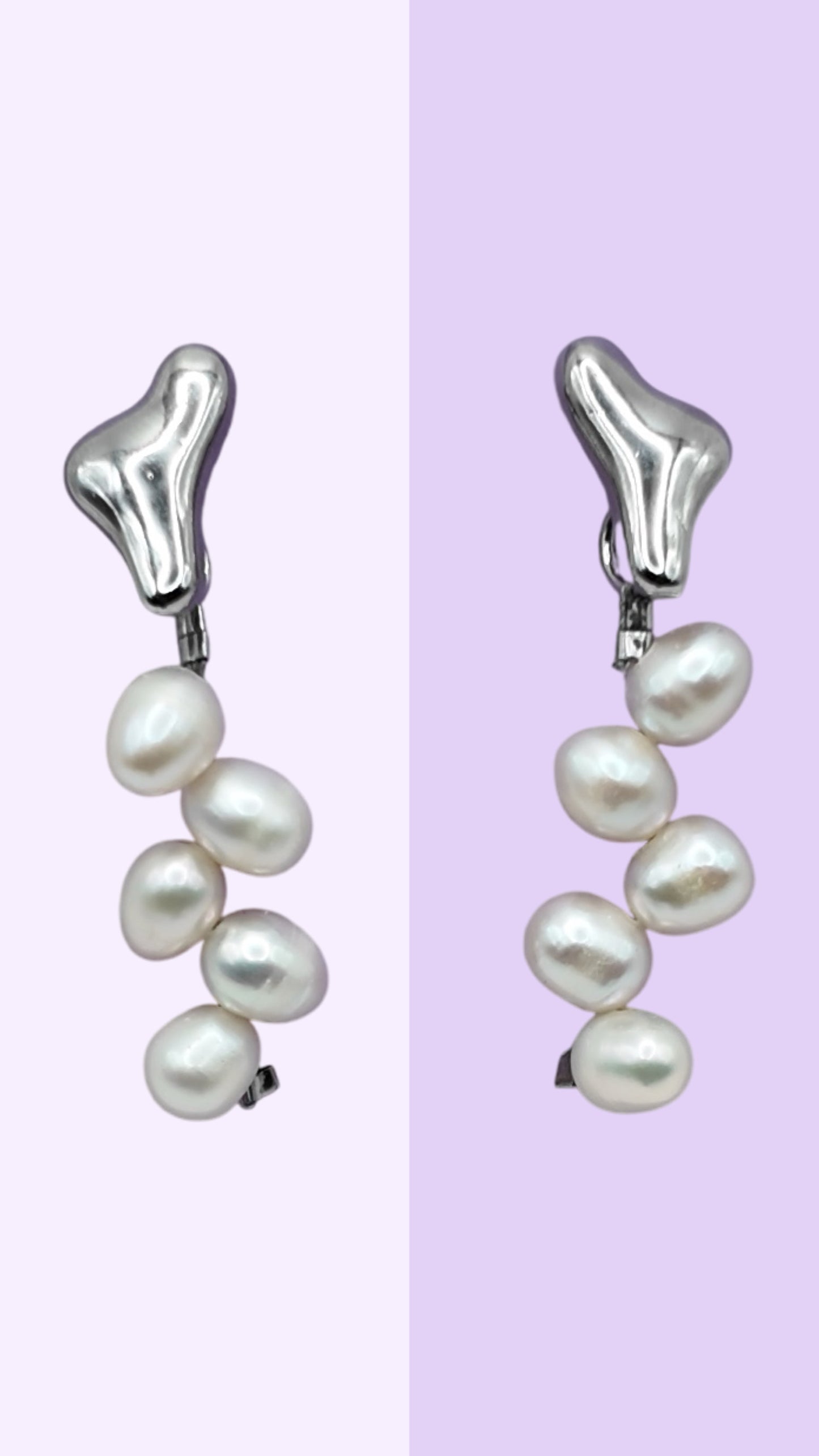 Organic Silver Pearl Curve Drop Earrings