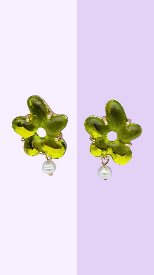 Green Glass Flower Pearl Drops