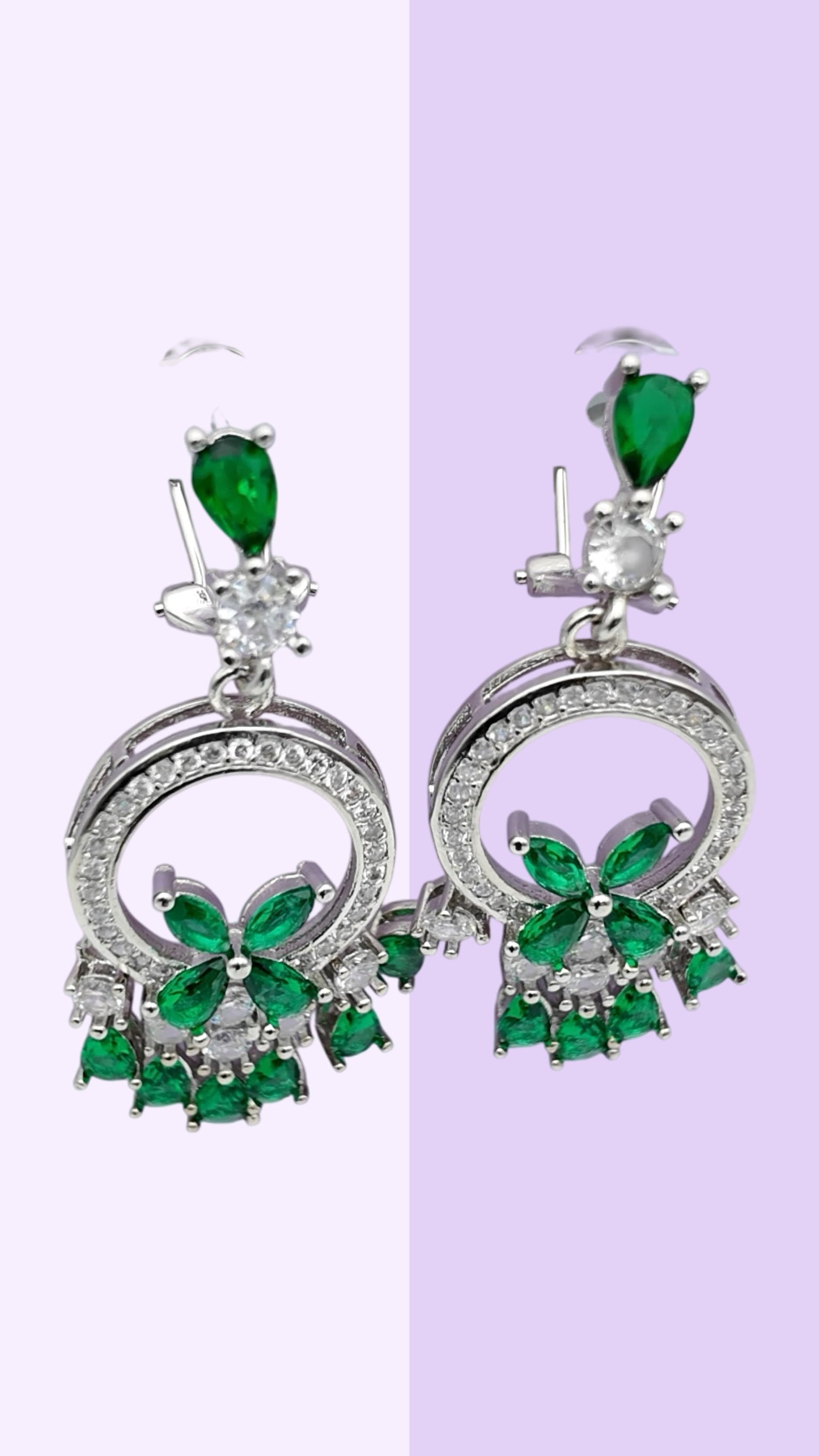Emerald-Green CZ Floral Halo Drop Earrings