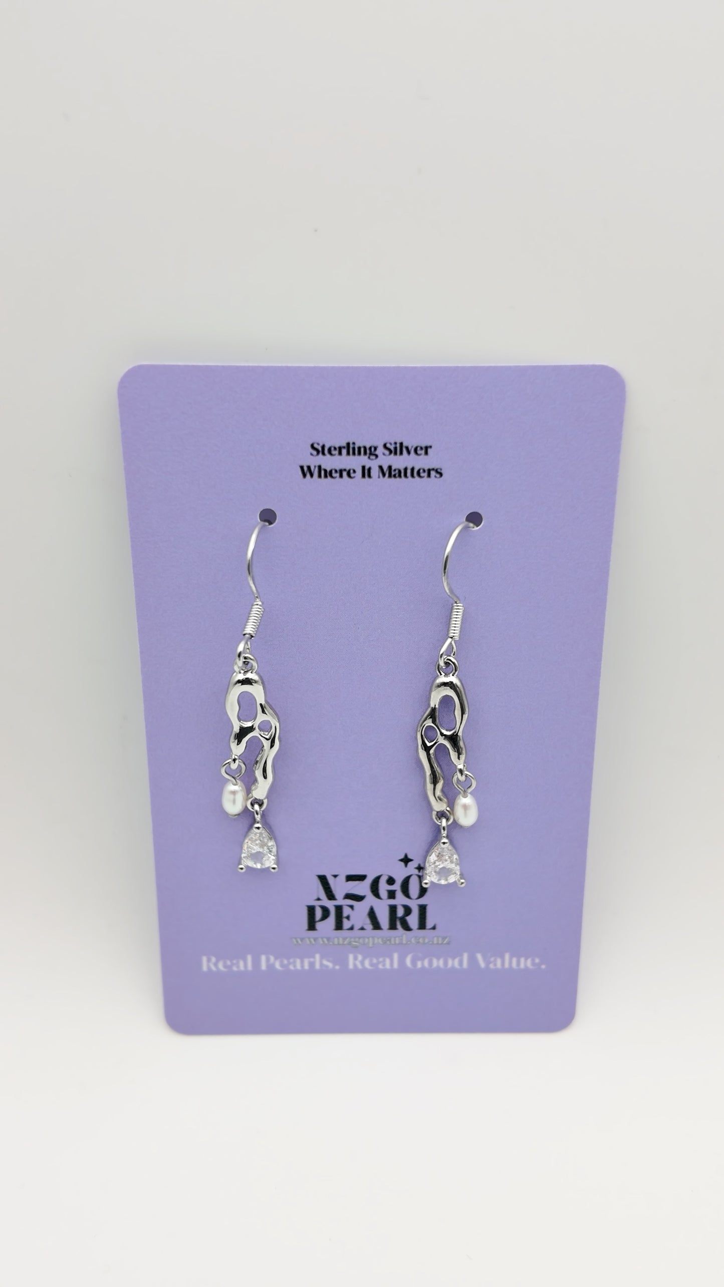 Abstract Silver Drop Earrings with Mini Pearl