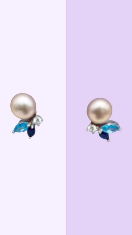 Ocean Petal Pearl Stud Earrings – Blue & Clear CZ