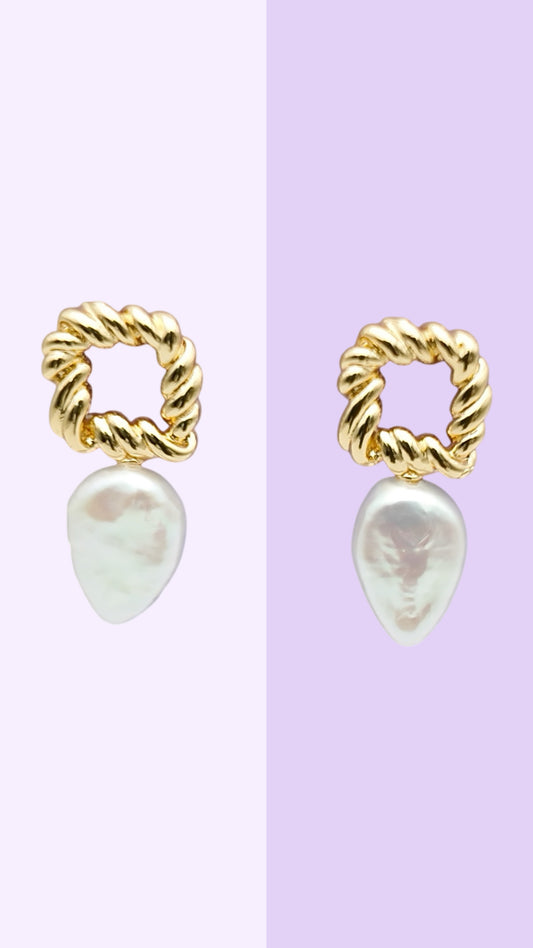 Twisted Gold Frame Pearl Drop Earrings